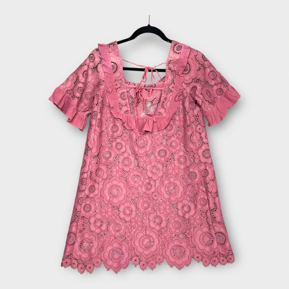 For Love & Lemons Sonya Lace Babydoll Mini Dress Floral Pink Size S Tie Back - Picture 5 of 13
